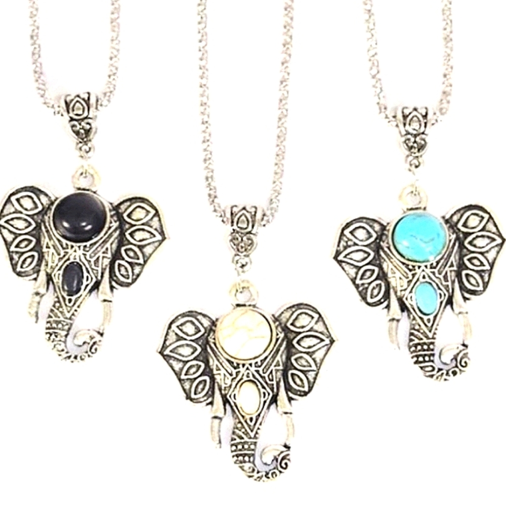 Elephant Pendant Necklace BLACK Stone 18"-22" in Chain NEW NWT